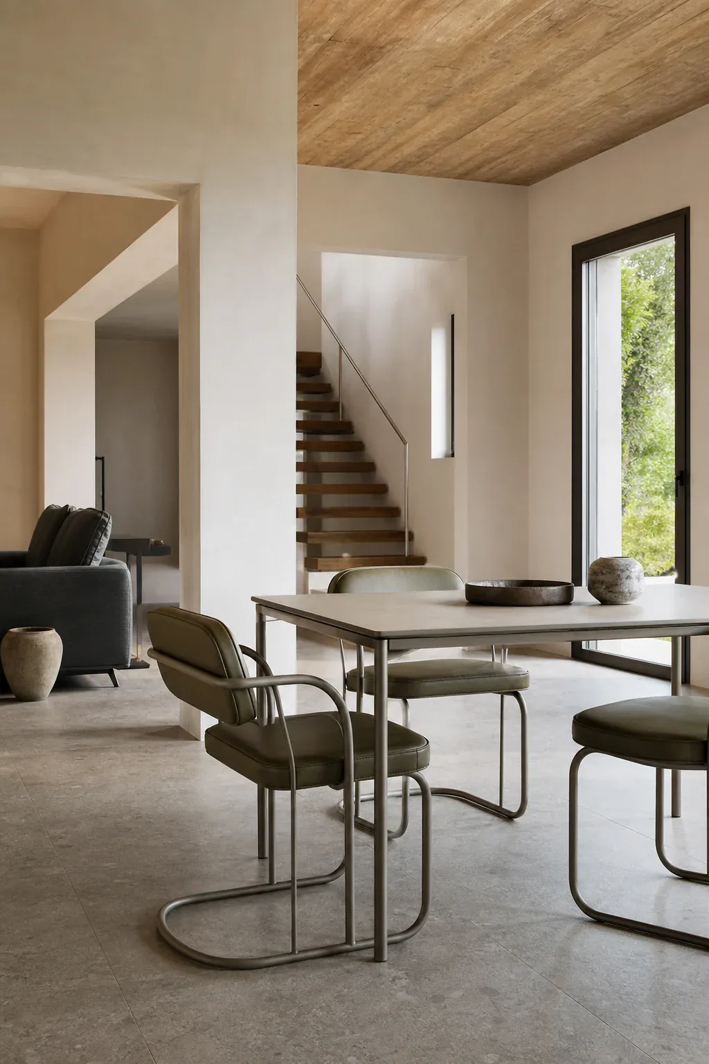 Table and seats with tubular structures for metal furniture